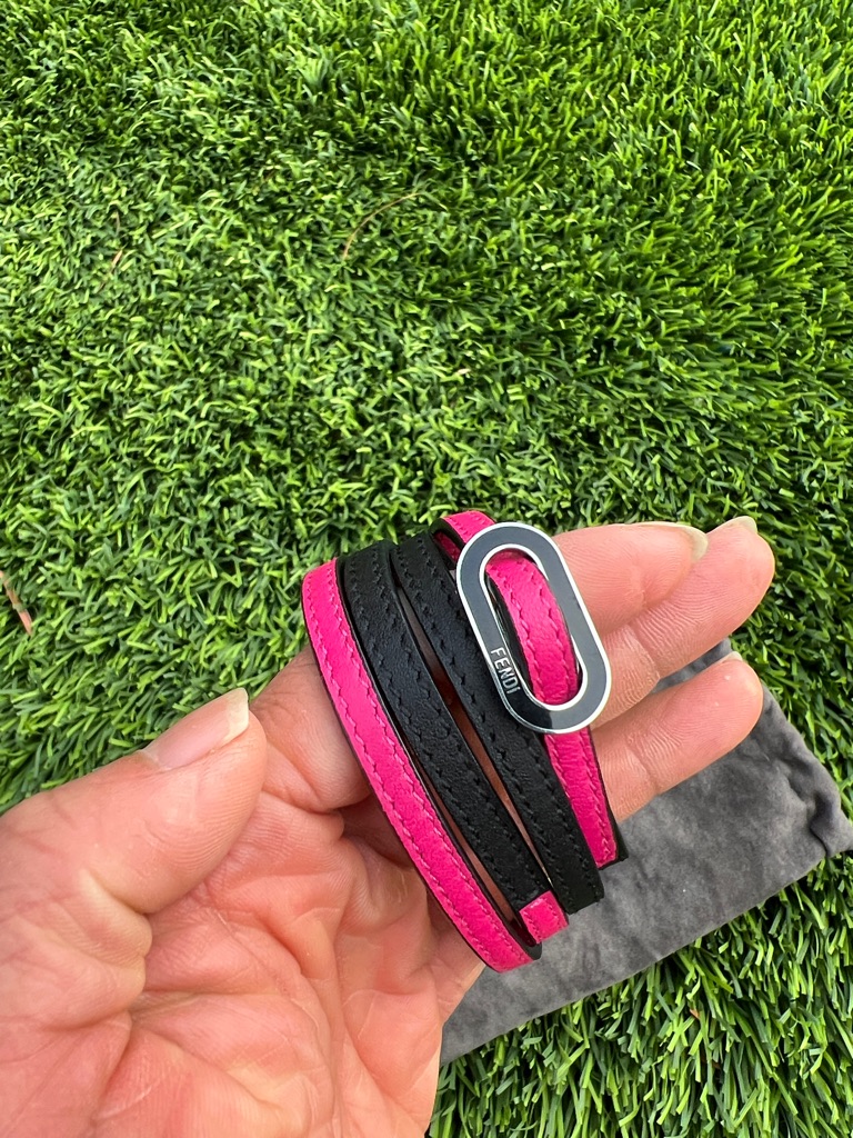 Fendi Hot Pink And Black Leather Wrap Bracelet With Silver Hardware